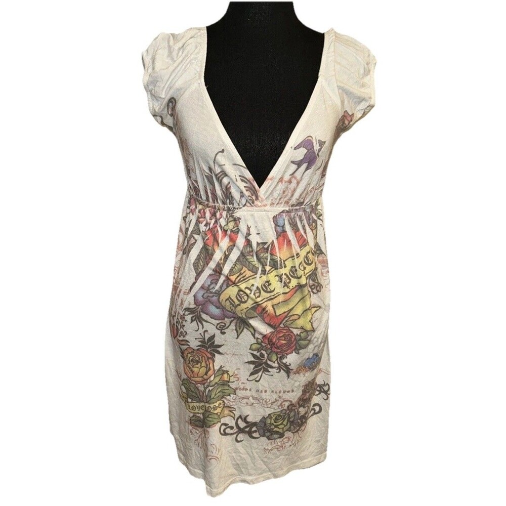 Medium Graphic Tattoo Print Deep V-Neck Puff Sleeve Babydoll Mini Pullover Dress